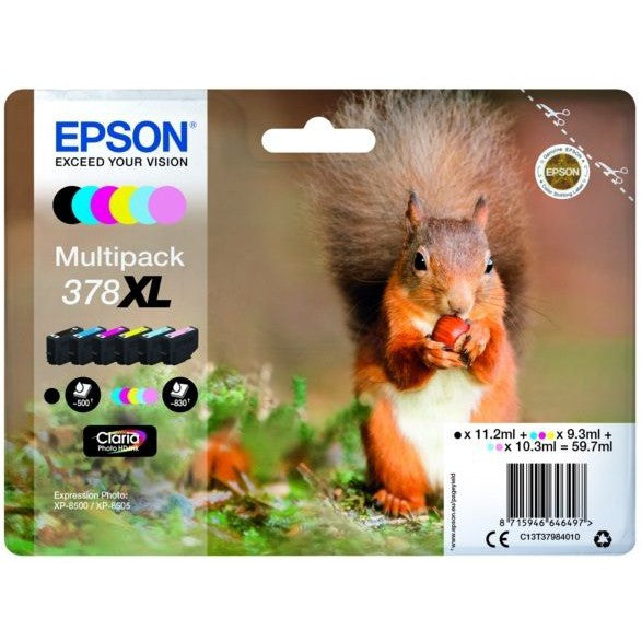 Original Epson 378XL High Capacity 6 Colour Ink Cartridge Multipack Squirrel (T3798)